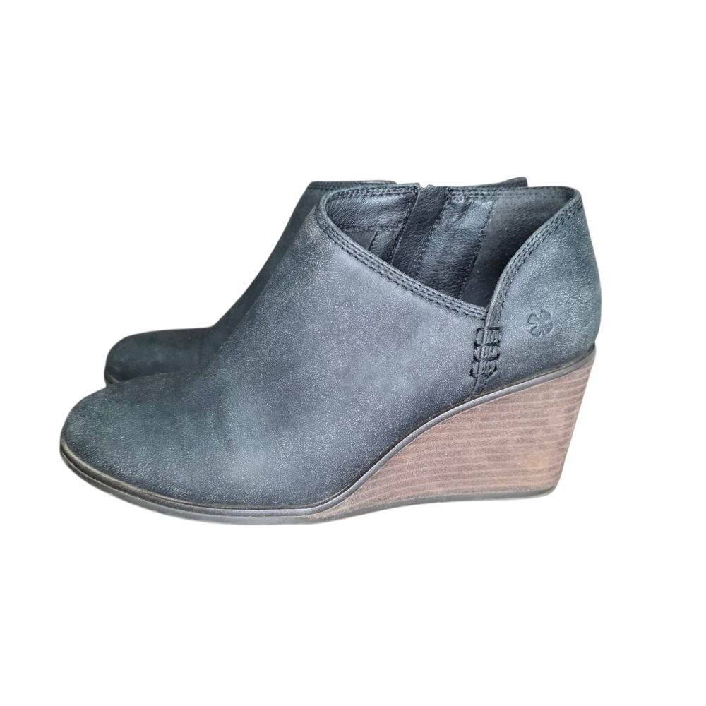 Lucky Brand Womens 7M Black Faux Leather Wedge Booties Slip On Zip 2.5" Heel